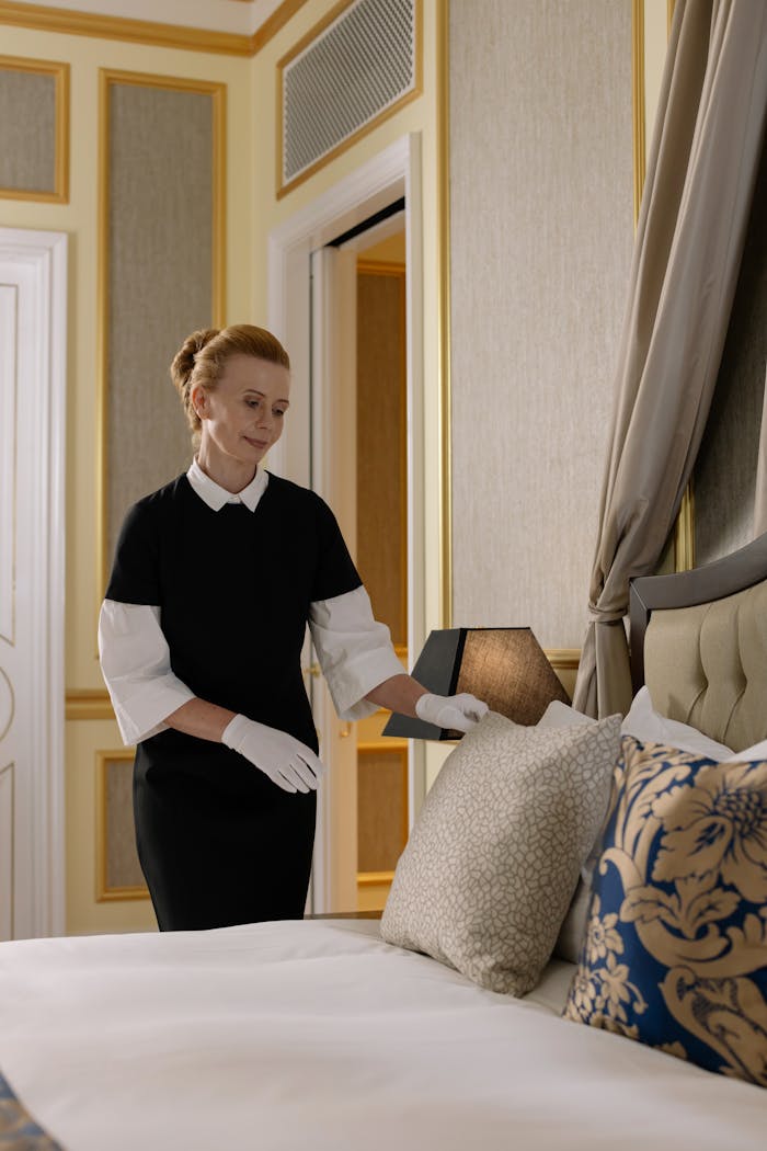 Housekeeper arranging pillows in a luxurious hotel room, emphasizing elegance and service.